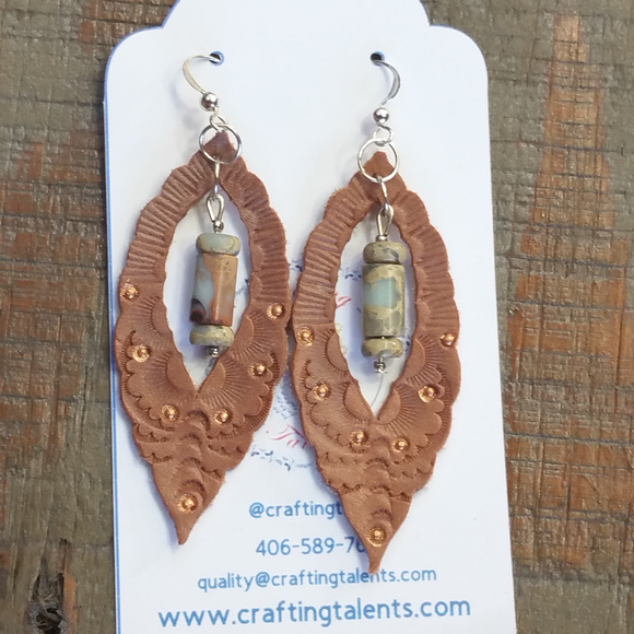 Genuine Handtooled Leather Earrings with Gemstones - Picture 3 of 4